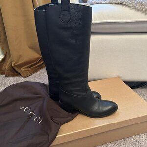 Gucci Black Pebbled Leather Flat Riding Boots Size 36.5